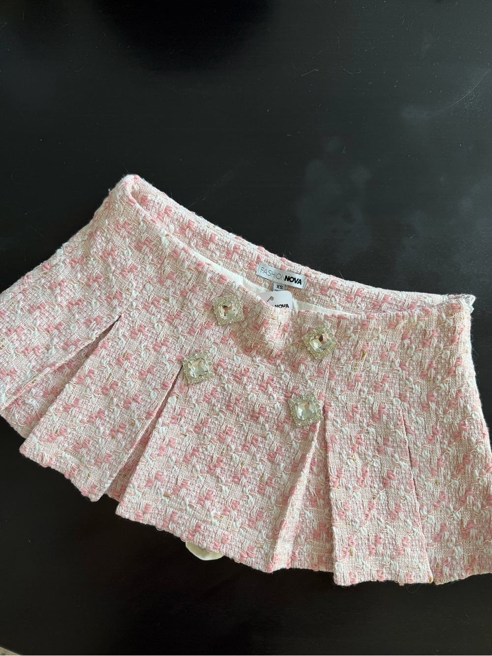 Fashion Nova Blush Pink Tweed hourstooth Pleated Mini Skirt with Crystal Accents